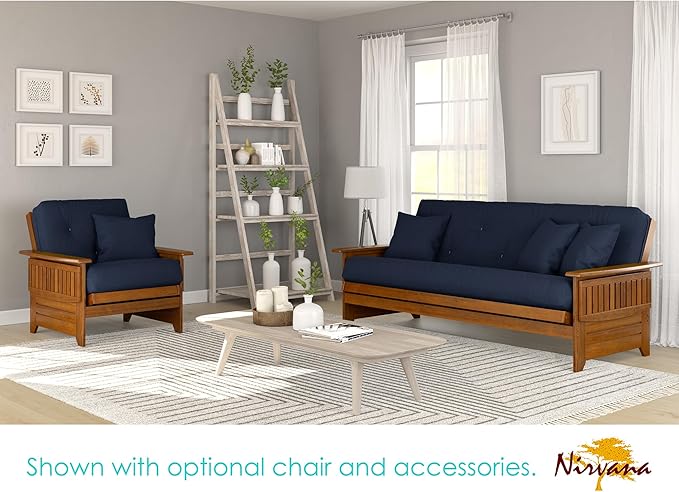Nirvana Futons Brentwood Tray Arm Futon Sofabed Set - Full Frame, 8" Navy Blue Mattress, Rich Heritage Finish