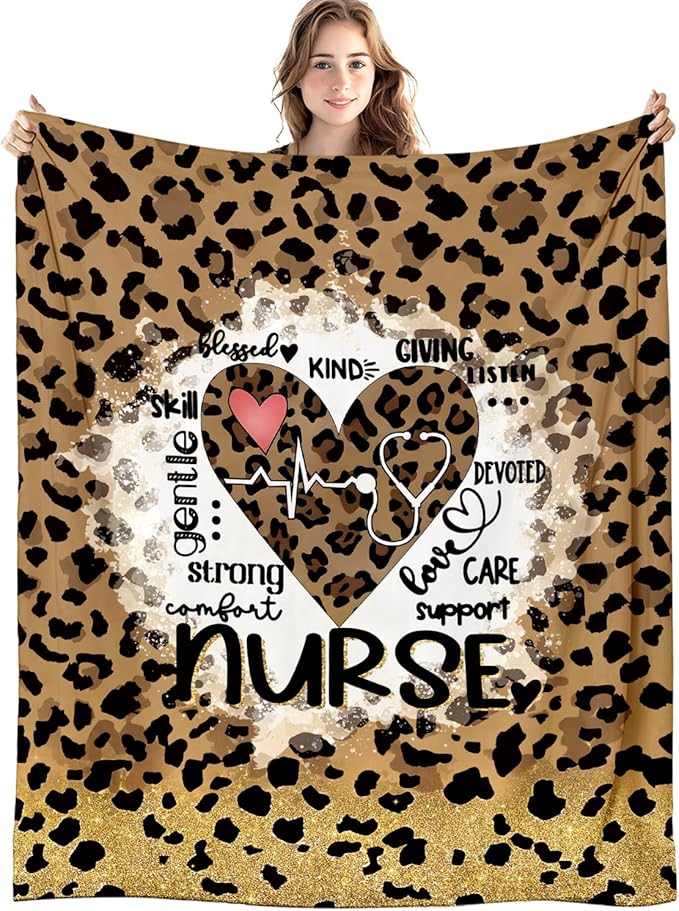 Nurse Leopard Blanket, Trendy Retro Cheetah Print Throw Blankets for Office Home Bedroom Living Room Couch Decor, Nurse Appreciation Gifts for Women, Nursing Gifts, 50x60 Inch