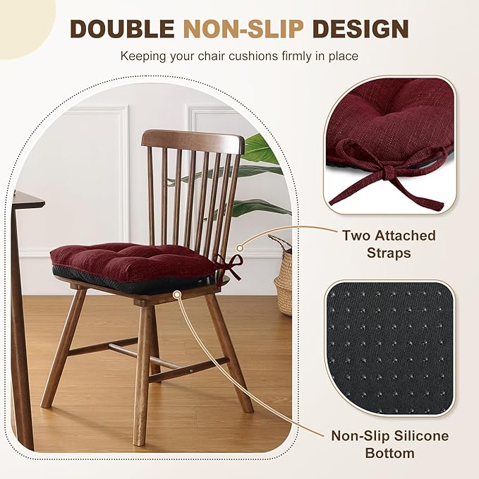 downluxe Indoor Chair Cushions for Dining Chairs, Tufted Overstuffed Textured Foam Kitchen Chair Pads with Ties and Non-Slip Backing, 15.5" x 15.5" x 4", Burgundy, 4 Pack
