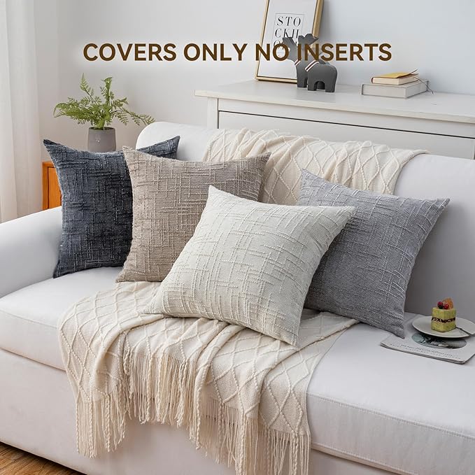 Decorative Throw Pillow Covers 20x20 Inch Set of 4, Soft Solid Farmhouse Chenille Couch Pillows, Spring Pillow Covers for Couch Sofa Bed Living Room Home Decor Pillowcase, Light Colors