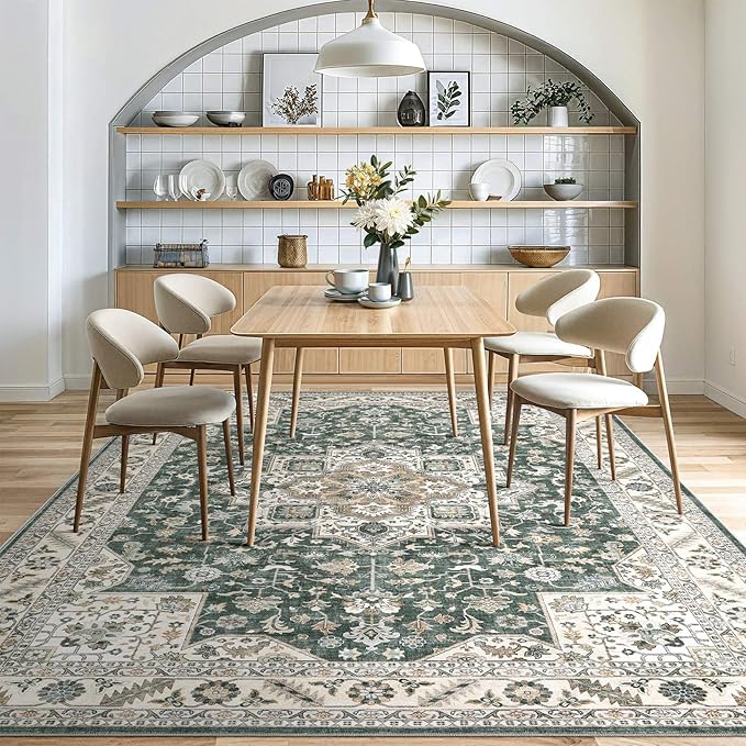 Vintage Living Room Area Rug 5x8 - Large Soft Washable Oriental Traditional Distressed Farmhouse Rugs for Bedroom - Indoor Floor Accent Carpet for Home Office House Decor - Vintage Green