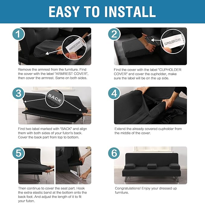 H.VERSAILTEX 4 Pieces Stretch Futon Covers Sofa Bed Slipcover with Removable Armrests and Cupholders Covers Furniture Protector High Spandex Small Checks Jacquard Fabric, Black