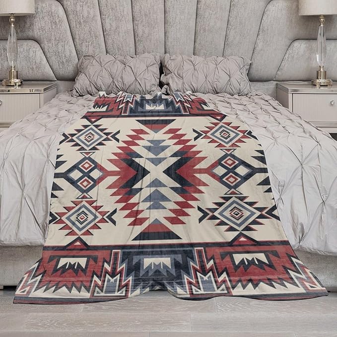 Southwest Blanket, Tribal Indian Throw Blanket Red Black Aztec Ethnic Geometric Print Blanket for Couch Bed Sofa Cover Throw Home Decor 60"x80"