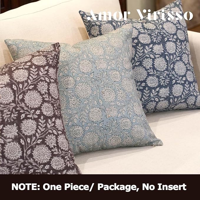 Amor Virisso Floral Throw Pillow Covers 18x18 Block Print Pillow Covers Vintage Neutral Couch Pillows for Living Room Farmhouse Decorative Accent Sofa Pillows, Light Blue