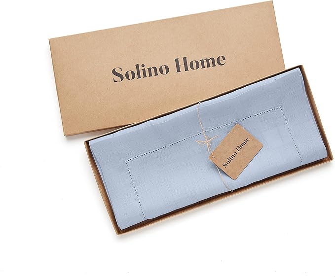 Solino Home Linen Sky Blue Table Runner 120 Inches Long - 100% Pure Linen Hemstitch 14 x 120 Inch Table Runner for Dining, Holiday, Christmas, New Year - Classic Hemstitch
