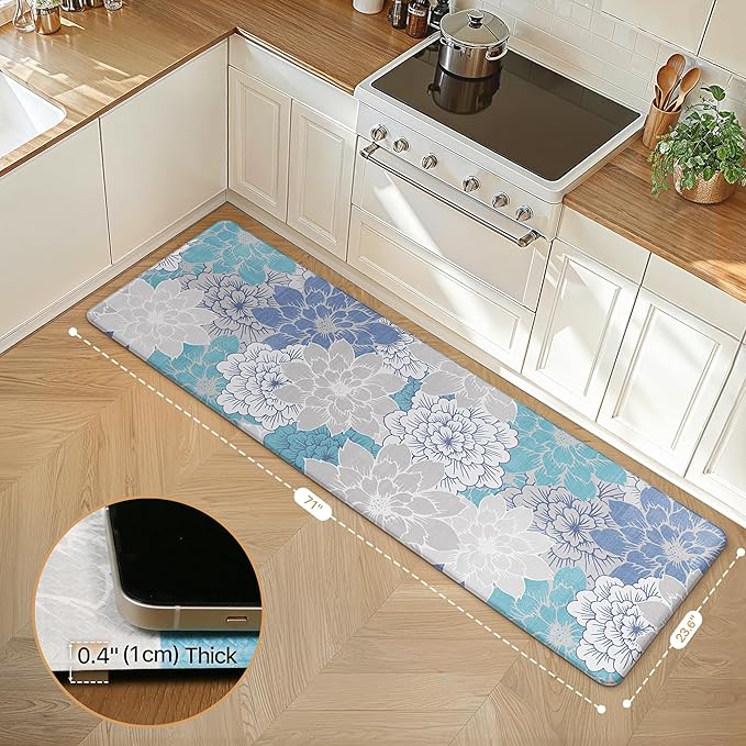 GENIMO Kitchen Mats for Floor, Kitchen Rugs Non Slip Washable, Waterproof Cushioned Anti Fatigue Mat, Floral Runner Rug for Laundry, Sink, Office, Home, 23.6"x71", Sky Blue