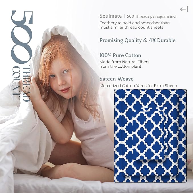 Mayfair Linen 100% Cotton Printed Bed Sheets Full Size Set - 500 Thread Count Cotton Sheets for Full Size Bed, 4 PC Set (Quatrefoil - Navy), Soft, Cooling, Sateen Weave 16" Deep Pocket Bedsheet