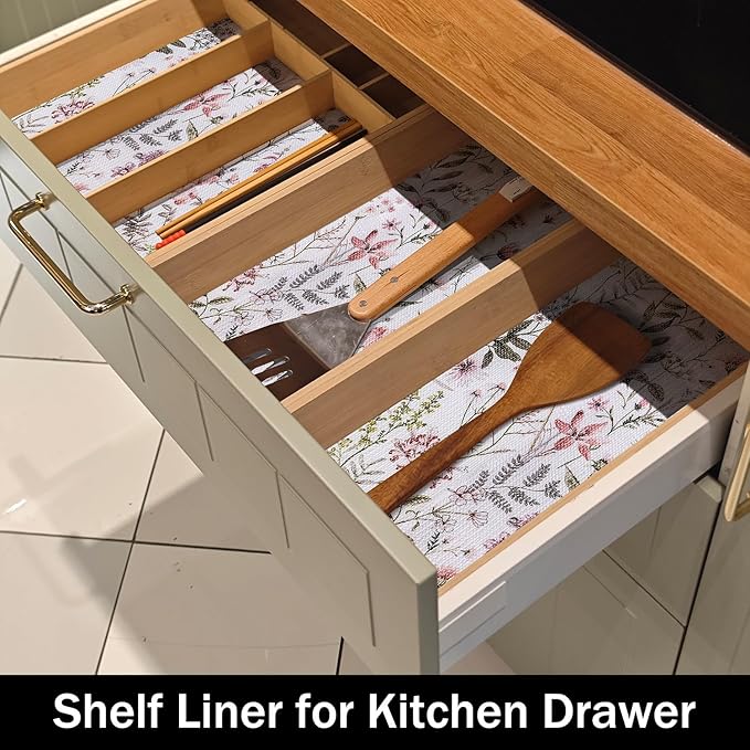Leaf Floral Shelf Liners Non Adhesive and Strong Non-Slip Shelf and Drawer Liners for Kitchen Cabinet Wire Fridge, Waterproof Shelf Drawer Liner,Easy to Clean,12IN x 10FT