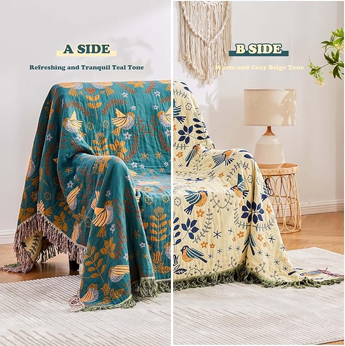 Yellow Boho Throw Blanket, 100% Cotton Blankets for Couch Bed, 90"x98"Cotton Quilt Travel Muslin Blankets Farmhouse Home Decor Soft Lightweight Picnic Blanket for Summer