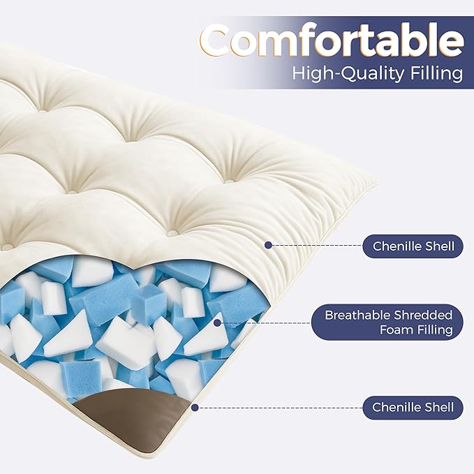 MAXYOYO Japanese Floor Mattress Queen Size, 6" Foldable Futon Mattress Tufted Roll Up Floor Bed, Thick Chenille Tatami Mat Sleeping Pad for Camping Guest Room Dormitory Bedroom RV, Beige