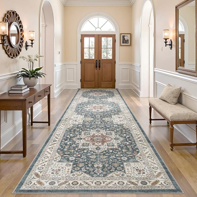 Vintage Hallway Runner Rug 3x10: Large Soft Washable Entryway for Kitchen Laundry Room Non-Slip Backing Runner for Entrance Living Room Bedroom Bathroom - Vintage Blue