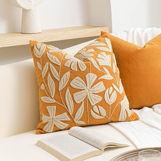 BlissBlush Fall Throw Pillow Cover 20x20, Yellow Mustard Soft Velvet Floral Decorative Accent Throw Pillowcase, Tufted Farmhouse Textured Pillowcase for Couch Sofa Bed Living Room Home Décor