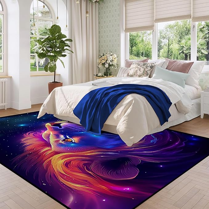 5' X 7' Galaxy Lion Rug 3D Fierce Lions Area Rugs for Kids Bedroom Living Room Playroom Gameroom Boys Glitter Carpet Throw Rugs Floor Mat