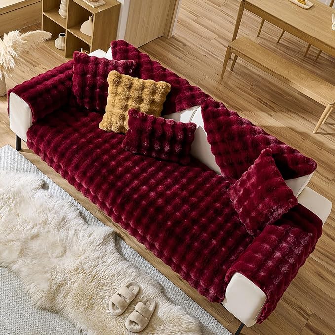 Christmas Faux Fur Decorative Throw Pillow Cover Plush Thick Bubble Pillow Covers Luxury Soft Cozy Accent Pillowcase for Spring Sofa Living Room Couch Bed (Wine Red,12"x20")