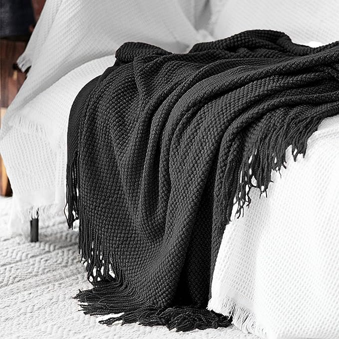 LOMAO Knitted Throw Blanket with Tassels Bubble Textured Lightweight Throws for Couch Cover Home Decor (Black, 60x80)