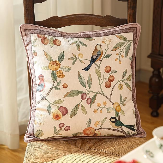 Square Pink Farmhouse Throw Pillow Covers Pack of 2,Birds and Flowers Pattern Cozy Velvet Pillowcases,Decoration Pillows Cushion Covers for Couch Sofa Bed Car Chair,18"x18"