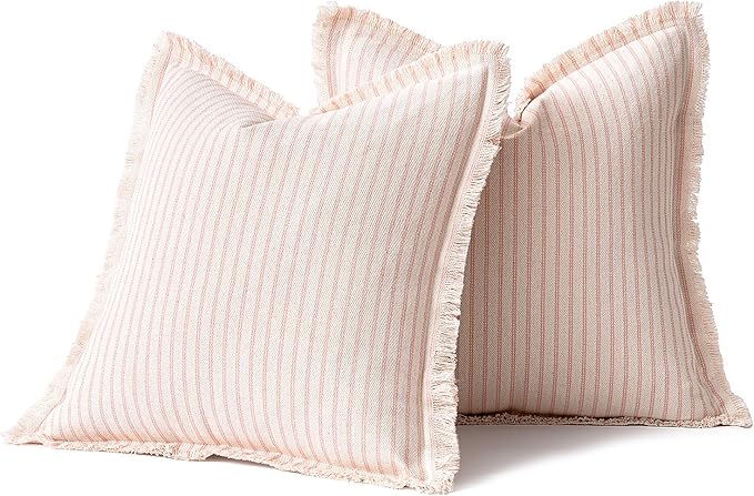 MIULEE Pack of 2 Pink Pillow Covers 20x20 Inch Striped Farmhouse Couch Spring Throw Pillow Covers with Fringe Chic Cotton Decorative Cushion Covers for Sofa Living Room Bed Outdoor Home Decor