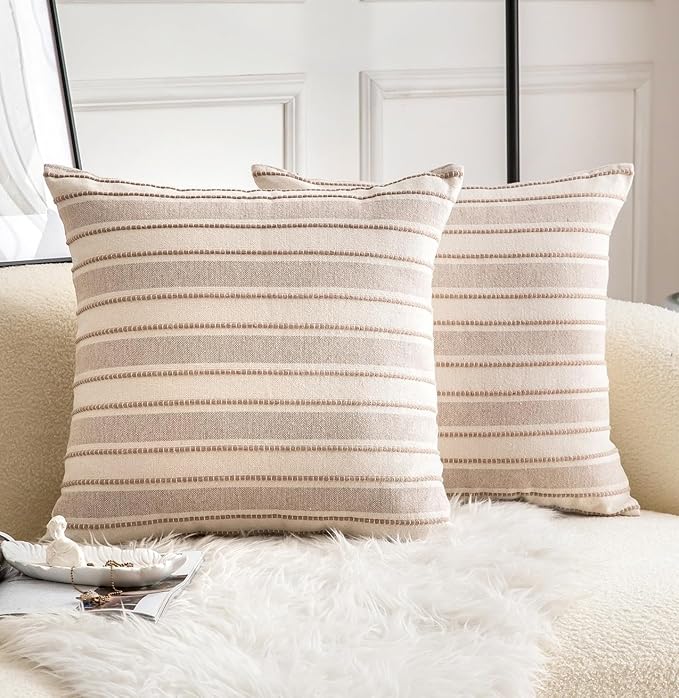 Decorative Boho Throw Pillow Covers, Farmhouse Textured Pillow Case, 20 x 20 Inch Set of 2, Chair Sofa Bedroom Living Room Home Decor Couch Cushion Case, Taupe and Beige Striped
