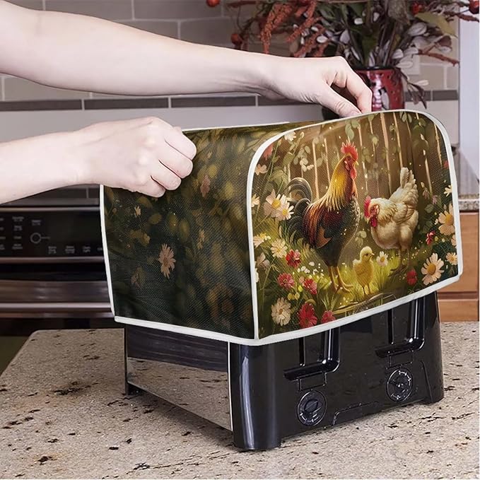 Chicken Rooster Flower Toaster Cover 2 Slice Wide Slot, Washable Kitchen Appliance Cover Dust Resistant Protector for Home, Toaster Protector Kitchen Accessories