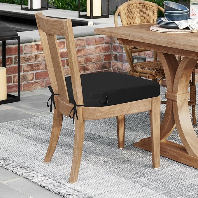 idee-home Outdoor Chair Cushions Set of 2, Thick 17" x 17" x 3" Outdoor Seat Cushion Patio Furniture Waterproof with Ties, Patio Chair Pads Dining Black