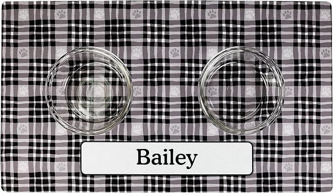 Drymate Personalized Pet Bowl Placemat, Custom Dog & Cat Food Feeding Mat - Absorbent Fabric, Waterproof Backing - Machine Washable/Durable (USA Made) (16" x 28") (Black Paw Plaid)