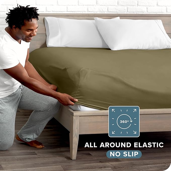 Bare Home Fitted Bottom Sheet Full XL Size - Premium 1800 Microfiber - Ultra-Soft Hotel Luxury - Deep Pocket - Durable and Long Lasting - Fitted Sheet (Full XL, Olive)