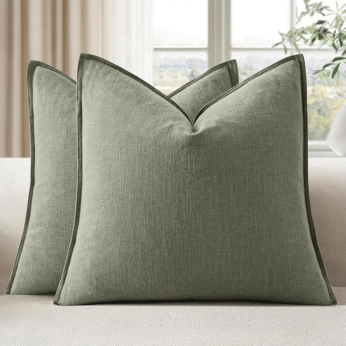 EMEMA Throw Pillow Covers Decorative Linen Pillow Covers 26x26 Inch Light Olive Green Boho Farmhouse Neutral Couch Throw Pillows for Bed Pack of 2 Accent Pillowcase Modern Sofa Cushion Livingroom Home