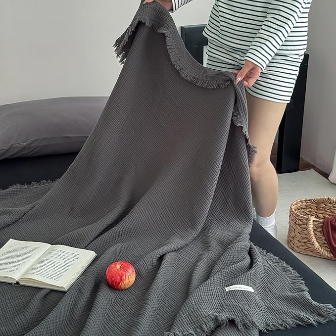 MorroMorn 100% Cotton Muslin Blanket with Fringes Twin Size 60"x80", 4-Layer Gauze Blankets for Adults, Boho Bedding Breathable Lightweight Ultra-Soft for Couch Bed All Seasons, Dark Grey