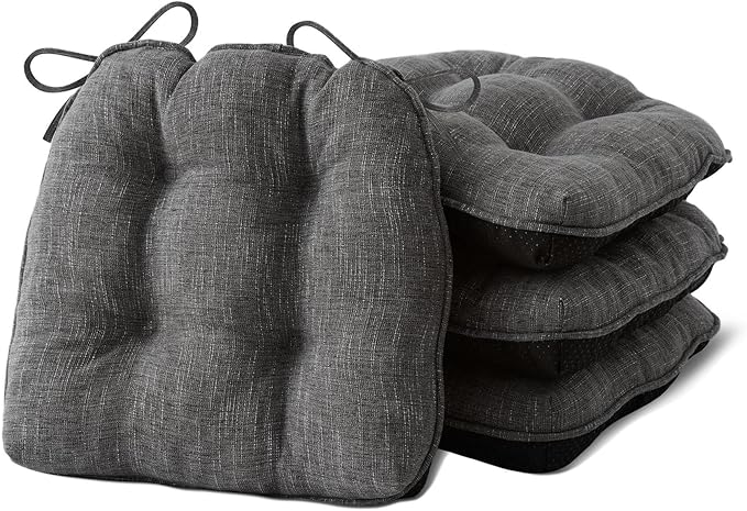 Chair Cushions for Dining Chairs Set of 4, Kitchen Chair Cushions, Chair Pads with Ties and Non Slip Backing, Tufted Memory Foam Seat Cushion 4 Pack, 15.5" x 15.5" x 4", Dark Gray
