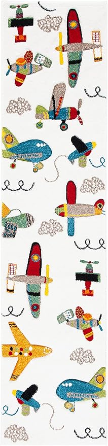 SAFAVIEH Carousel Kids Collection Runner Rug - 2'3" x 10', Ivory & Blue, Airplane Design, Easy Care & Non-Shedding, Ideal for High Traffic Areas for Boys & Girls in Playroom, Nursery (CRK167A-210)