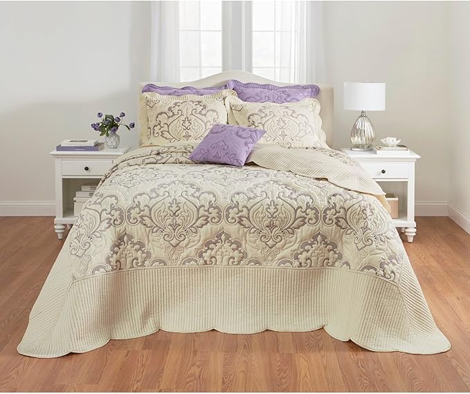 BrylaneHome Bedding Lightweight All Season Modern Amelia Quilted Damask Oversized Ultra Soft Bedspread - Queen, Ivory Lavender