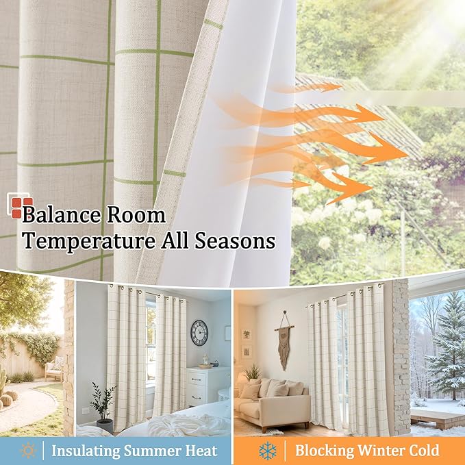 Sage Green Linen Blackout Curtains for Living Room - Plaid Patterned Curtains 72 Inch Long, Boho Black Out Thermal Insulated Drapes for Bedroom Grommet Style 52x72 Inch 2 Panels
