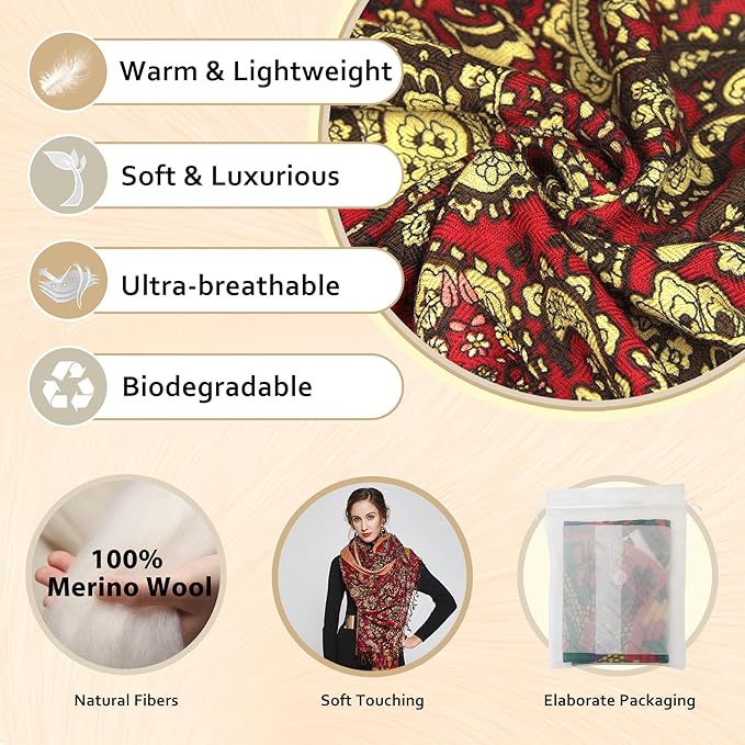 DANA XU 100% Merino Wool Pashmina Shawl for Women 96"x43", Oversized Cashmere Wrap with Tassels, Floral Travel Blanket Cape