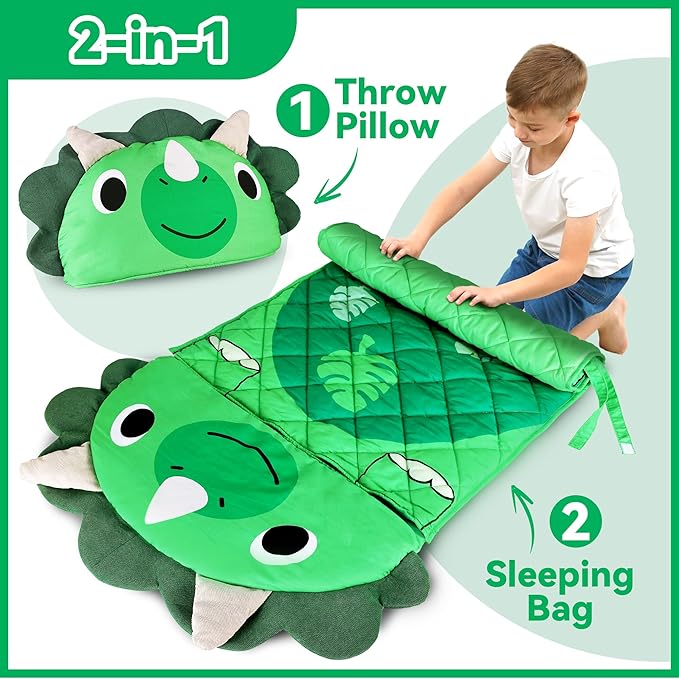 iPlay, iLearn Kid Sleeping Bag, Dinosaur Slumber Sack, Toddler Boy Nap Mat, 2 in 1 Green Dinos Cushion Blanket, Happy Travel Sleepover Daycare Preschool Birthday Gift for 3 4 5 6 Years Old Child