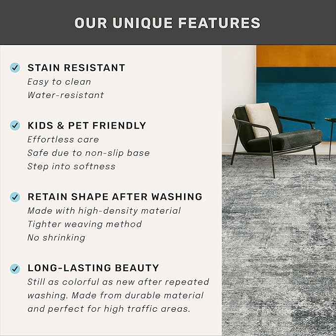 Large Slate Blue Rug for Dining Room Table - Neatral Farmhouse 9x12 Area Rug for Living Room, Bedroom Under Bed, Non Slip with Rubber Backing & Stain Resistant Dark Gray Décor