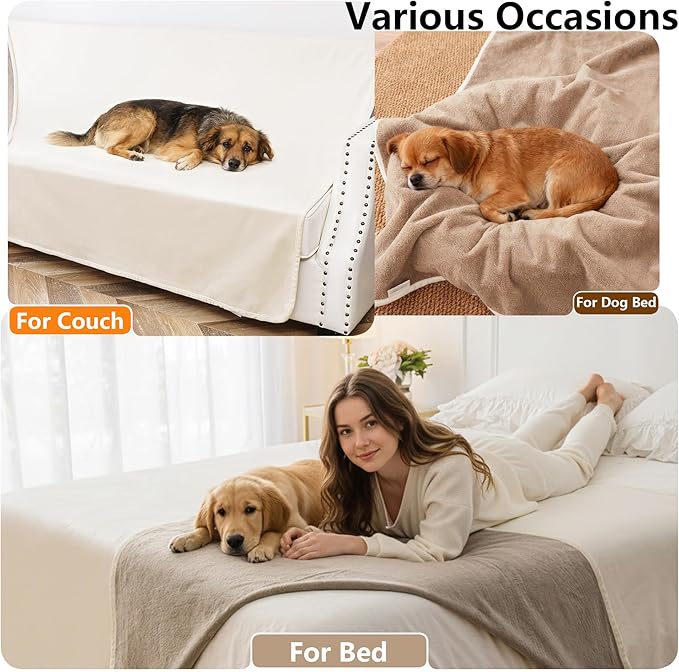 Waterproof Blanket for Bed King Size, Leak Proof Dog Couch Blankets Reversible, Pet Throw Sofa Furniture Protector Machine Washable-82 x108,Beige+Khaki