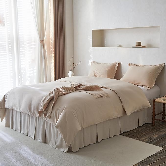 BISELINA French Linen Pleated Bed Skirt, 14" Tailored Draped Natural Linen-Cotton Blend Basic Dust Border Soft Comfort Farmhouse Bedding (14" King, Linen)