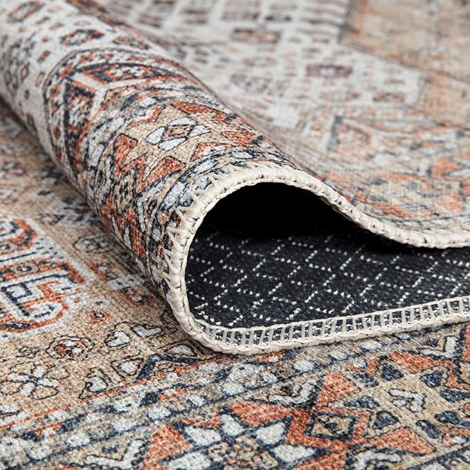 Bloom Rugs Washable Non-Slip 5' x 7' Rug - Sand/Orange/Purple Traditional Medallion Area Rug for Living Room, Bedroom, Dining Room, and Kitchen - Exact Size: 5' x 7'