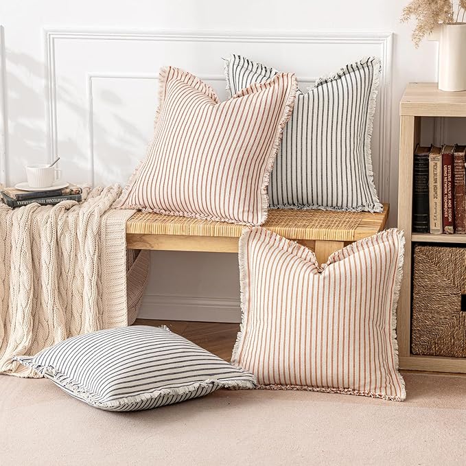 MIULEE Pack of 2 Rust Pillow Covers 22x22 Inch Striped Farmhouse Couch Throw Pillow Covers with Fringe Chic Linen Decorative Cushion Covers for Sofa Living Room Bed Outdoor Home Decor