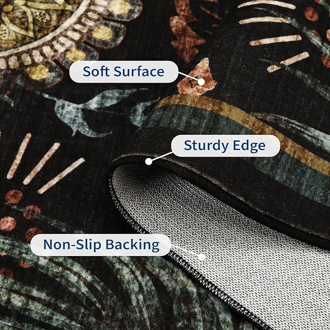 GarveeHome 4x6 Floral Washable Area Rug: Large Living Room Area Rug with Non-Slip Backing Washable Ultra Soft Bedroom Floral Carpet Indoor Stain Resistant Carpet for Dining Room 4 * 6 ft Black
