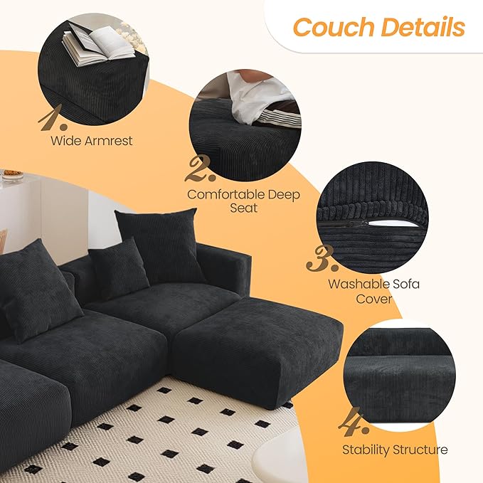 JACH 181" Oversized Modular Sectional Sofa, U-Shaped Deep 4-Seats Sectional Couch with Chaise Ottomans, Huge Plus Convertible Soft Sofas, Corduroy Minimalist Couches for Living Room, Apartment, Black
