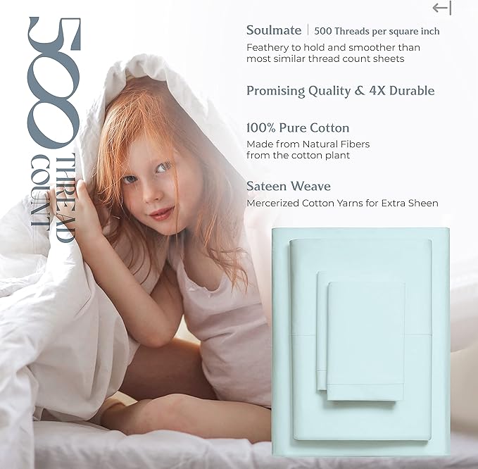 Mayfair Linen 100% Cotton Bed Sheets Queen Set - 500 Thread Count Cotton Sheets for Queen Size Bed, 4 PC Set (Sea Foam), Ultra Soft, Cooling, Sateen Weave 16" Deep Pocket Bedsheet for Hot Sleepers