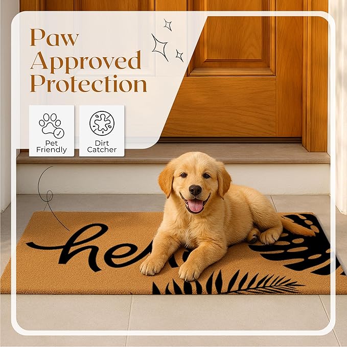 Coir Door Mats 17" X 30", Non-Slip Sturdy, PVC Backed Heavy Duty, Easy to Clean, Ideal for Door Entrance, Patio, Porch, Backyard, Garages, Hello - Black Leaves
