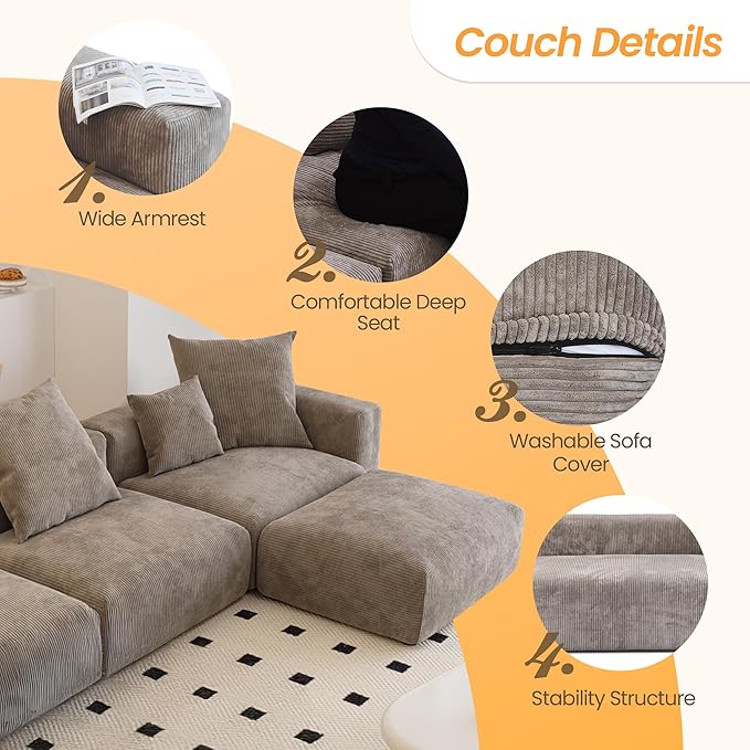 JACH Sectional Couches for Living Room, Modern Corduroy Modular Sectional Couch with Chaise Ottoman, Cushion Covers Removable, Corduroy Sofas Couches for Living Room, Office (Light Brown)