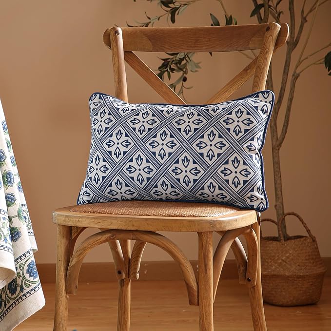patdrea Designer Throw Pillow Covers,Chinoiserie Blue Elegant Linen with Striped Floral Pattern Pillow Cover,Decorative Lumbar Pillowcases Cushion for Bed Living Room Outdoor Car,12"x20"