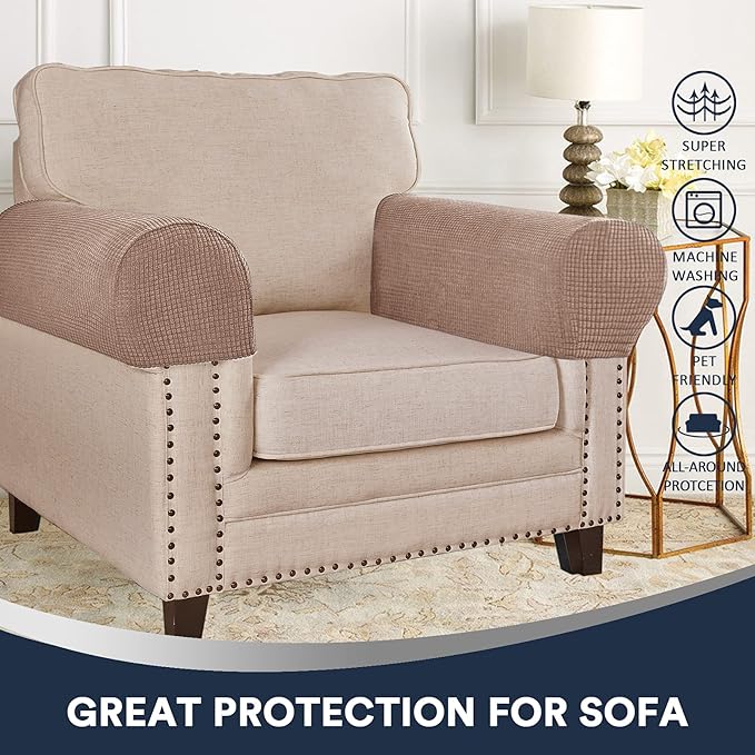 Stretch Sofa Arm Covers Spandex Jacquard Anti-Slip Couch Arm Covers with Sticker Furniture Armrest Protector for Sofa Couch Chair Recliner, Set of 2, Khaki