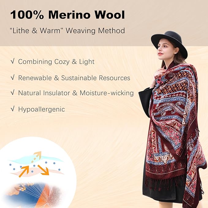 DANA XU 100% Merino Wool Extra Large Pashmina Blanket Travel Scarf Cashmere Wrap for Women Fall Winter Oversize Shawl Floral