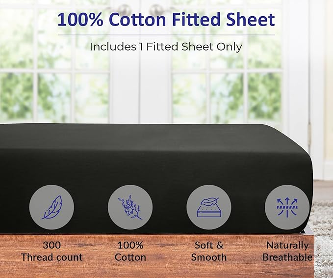 ROYALE LINENS 300 Thread Count 100% Long Staple Combed Cotton Fitted Sheet Full - Super Soft Deep Pocket Bottom Sheet - Fitted Sheets Only - Elastic Sheets (Full, Black)