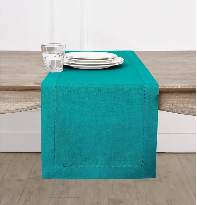 Solino Home Linen Teal Table Runner 108 Inches Long - 100% Pure Linen Hemstitch 14 x 108 Inch Table Runner for Dining, Christmas, New Year - Classic Hemstitch