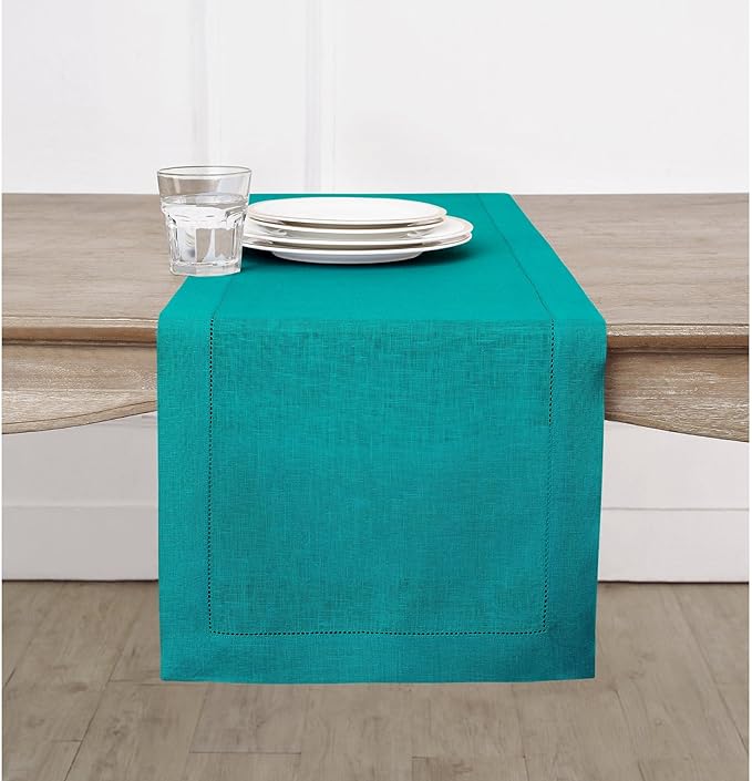 Solino Home Linen Hemstitch Table Runner 90 Inches Long - 100% Pure Linen Teal Table Runner 14 x 90 Inch for Christmas, New Year - Classic Hemstitch